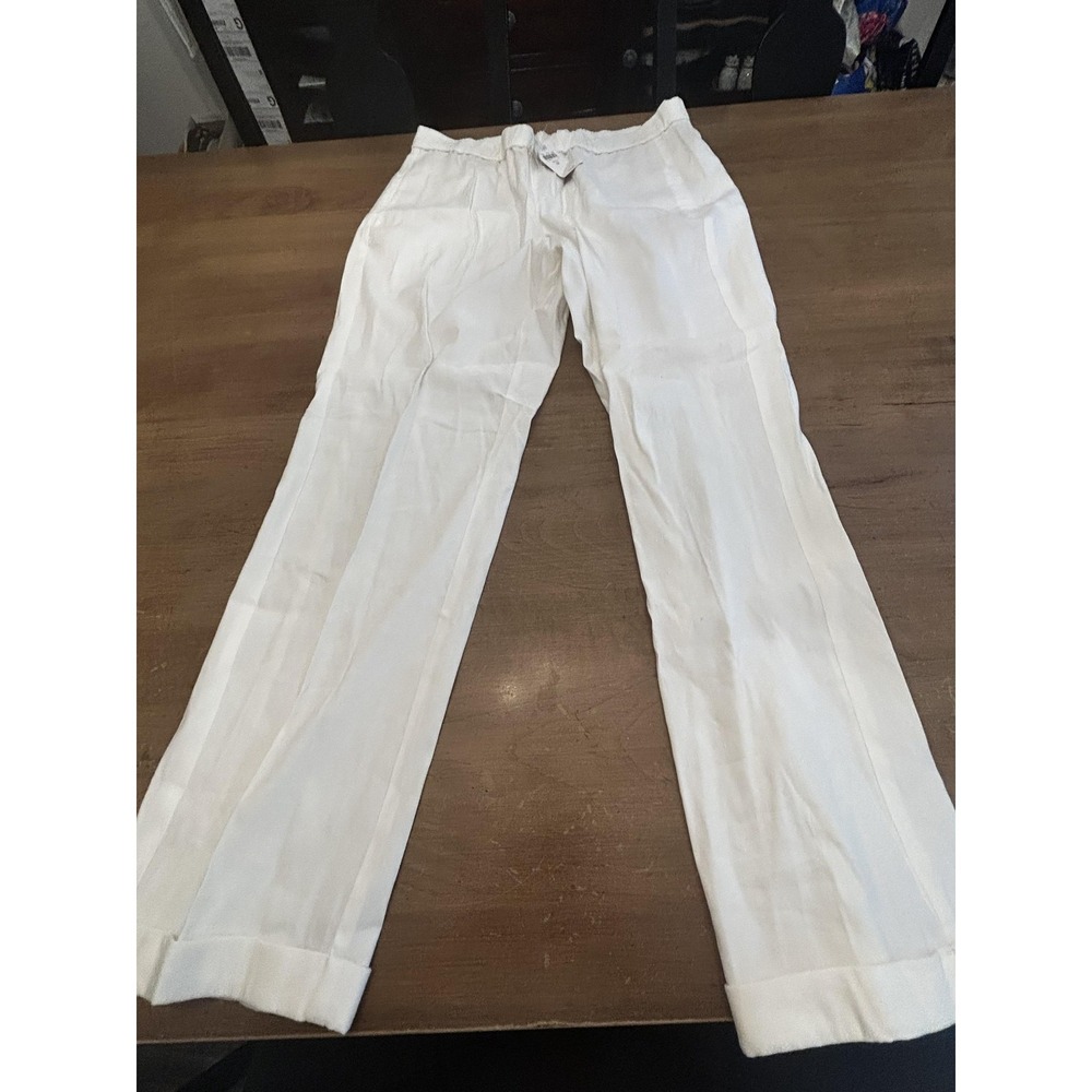 J Jill Pants Womens Medium White Linen Stretch Pull On Drawstring Cuffed Pockets